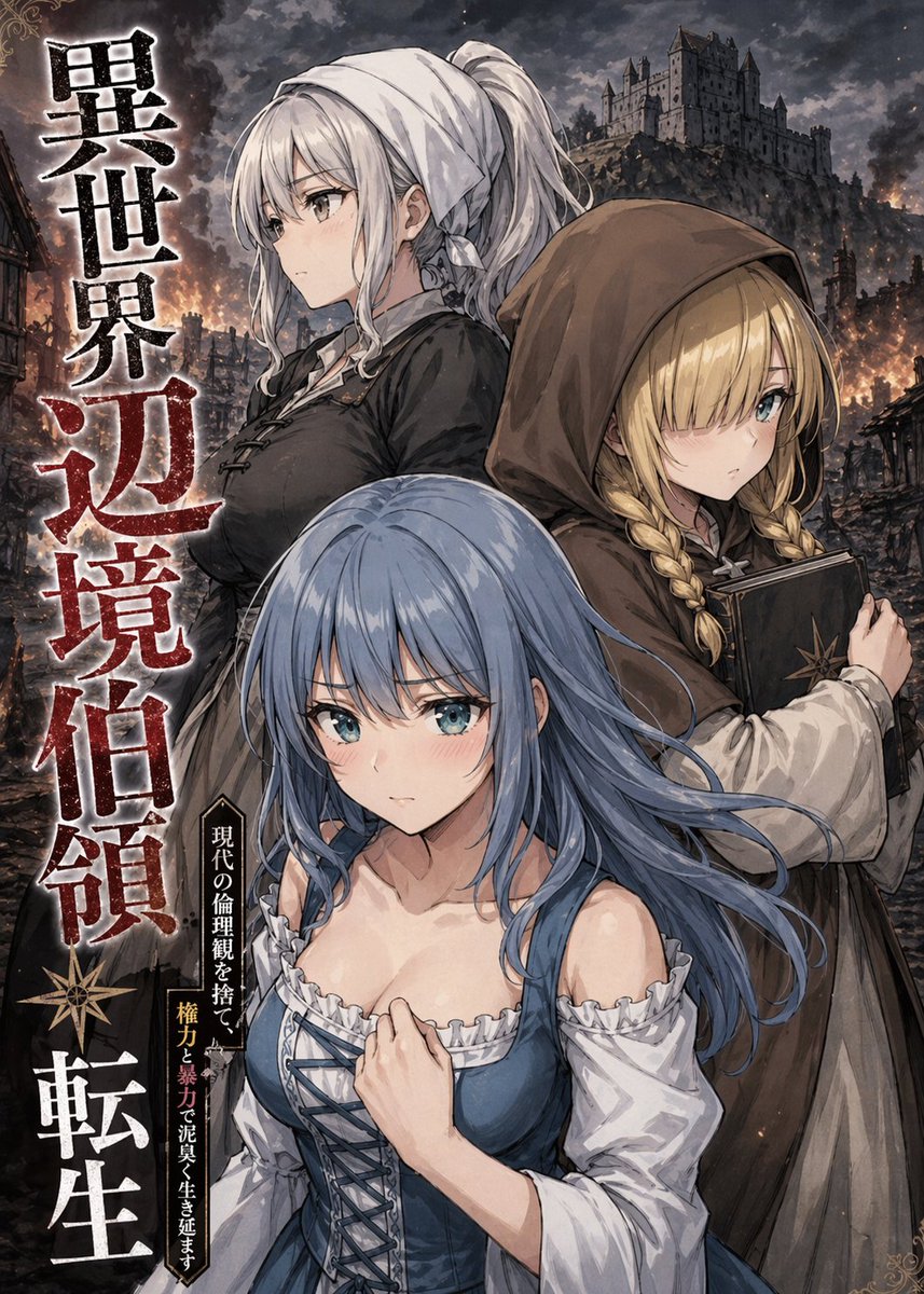 Dark Fantasy Isekai Novel Cover Qwen Image 프롬프트 예시: This prompt generates a dramatic anime-style dark fantasy light-novel cover with three heroines, burning medieval ruins, and...