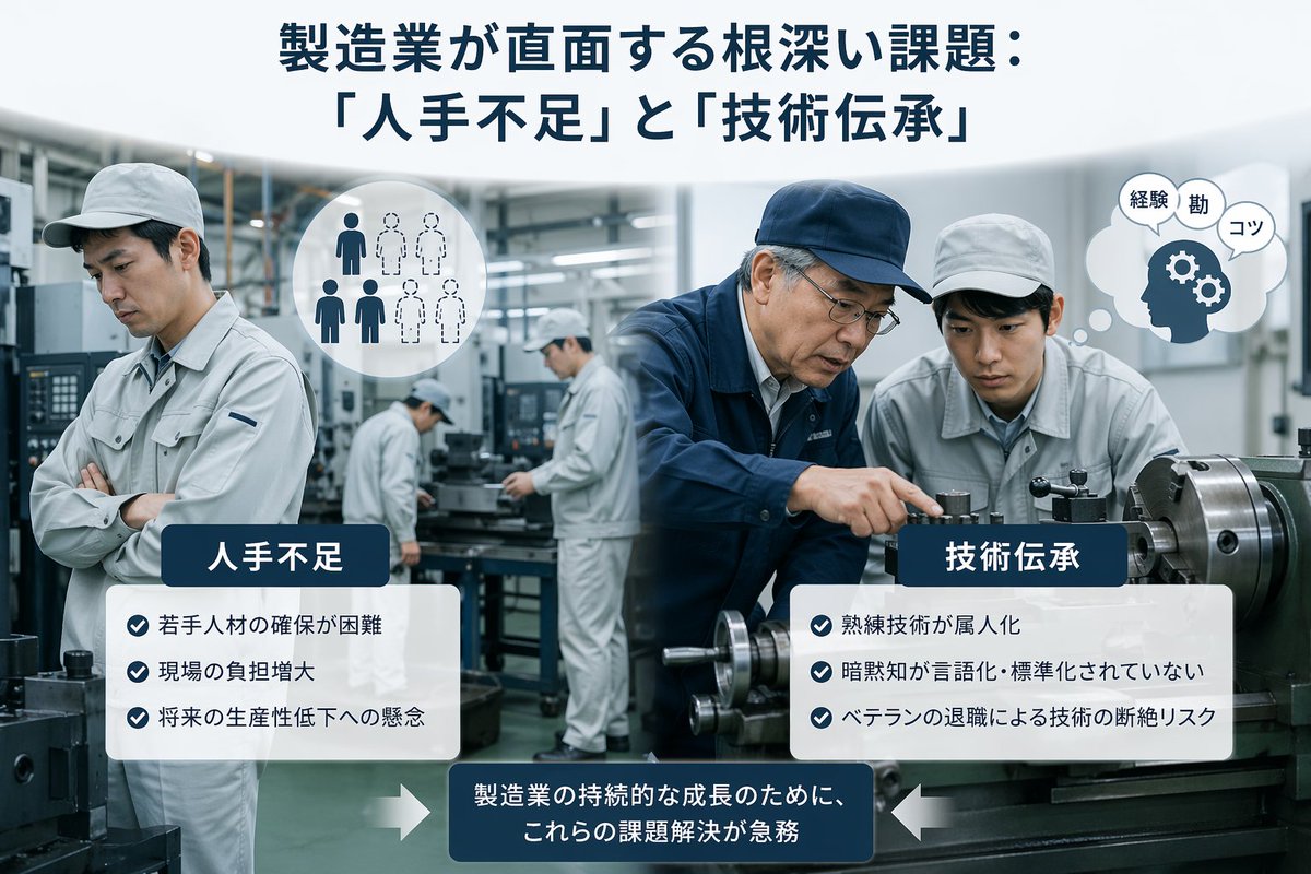 Japanese Manufacturing Challenges Infographic Qwen Image prompt example: A polished Japanese business infographic illustrating labor shortages and skill transfer issues in...