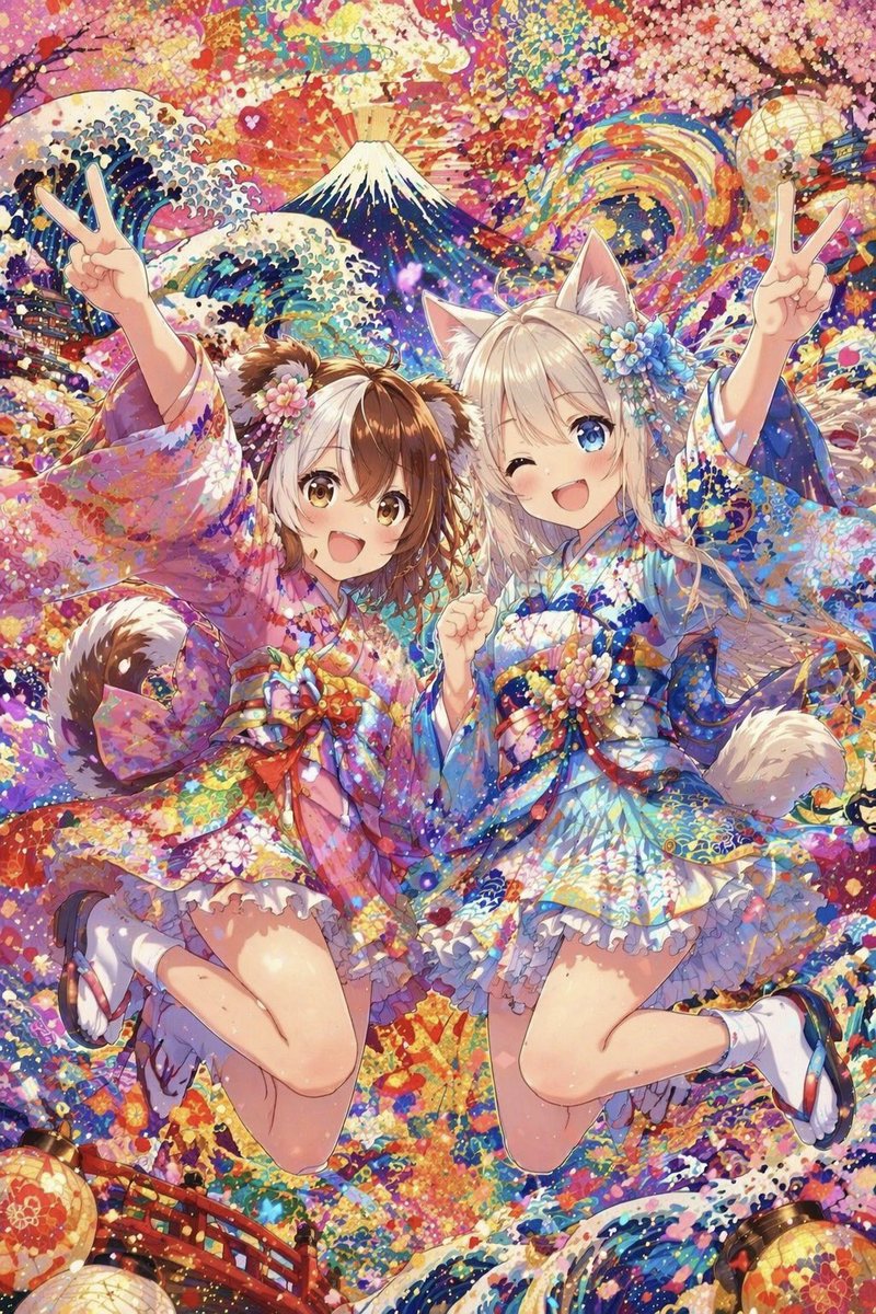 Colorful Kimono Kemonomimi Festival Qwen Image 프롬프트 예시: A vibrant anime-style festival artwork of two animal-eared girls in colorful kimono outfits jumping joyfully against a...