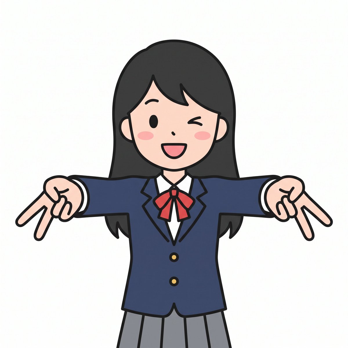 Cute Winking Schoolgirl Peace Sign のQwen Imageプロンプト例: A clean kawaii vector-style illustration of a smiling schoolgirl in uniform making double peace signs, suitable for icons,...
