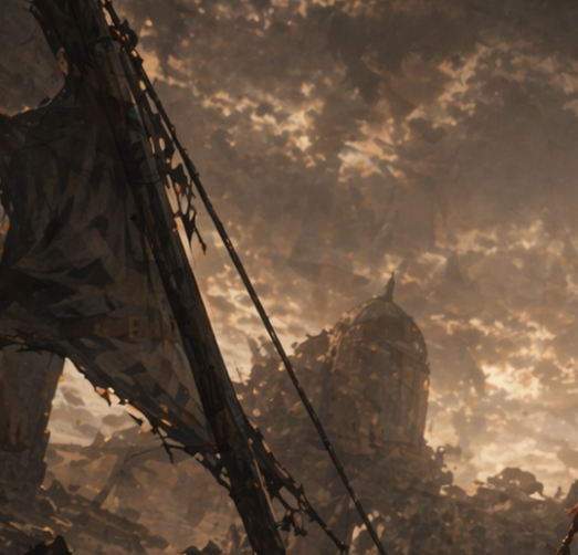 Post-Apocalyptic Ruins at Dusk Qwen Image 프롬프트 예시: A cinematic ruined cityscape with a collapsed foreground structure and a distant domed tower, suitable for concept art, matte...