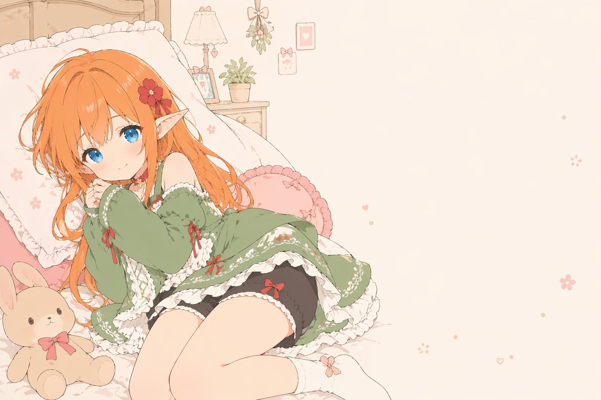Flat-Color Elf Girl on Frilly Bed GPT Image 2 prompt example: This prompt generates a soft pastel anime bedroom illustration with a lounging elf girl and large negative space,...