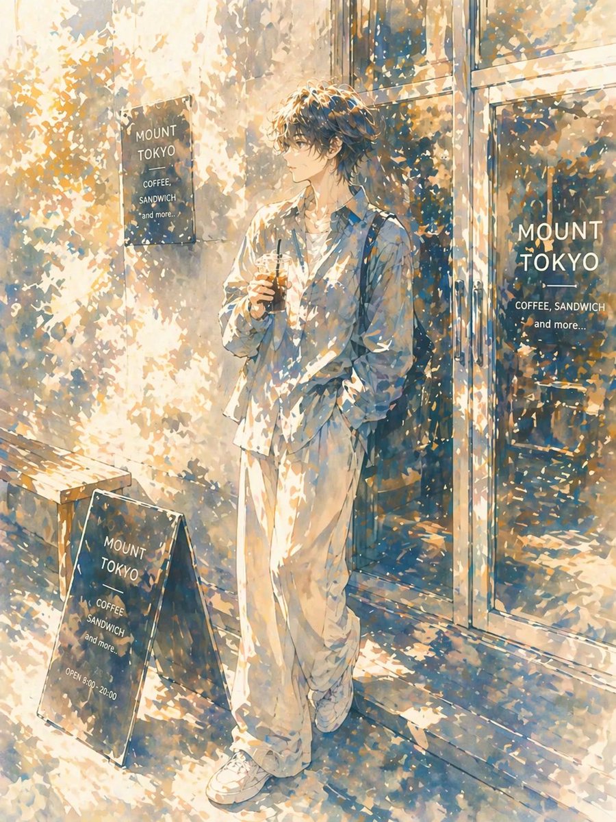 Sunlit Anime Girl Outside Cafe のQwen Imageプロンプト例 バリエーション 2: This prompt generates a warm, painterly anime-style full-body cafe street portrait, ideal for lifestyle illustration,...