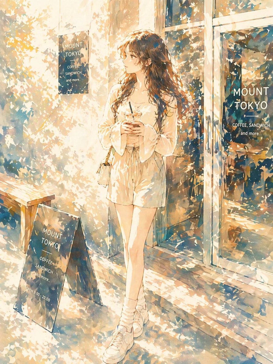 Sunlit Anime Girl Outside Cafe のQwen Imageプロンプト例: This prompt generates a warm, painterly anime-style full-body cafe street portrait, ideal for lifestyle illustration, mood art,...