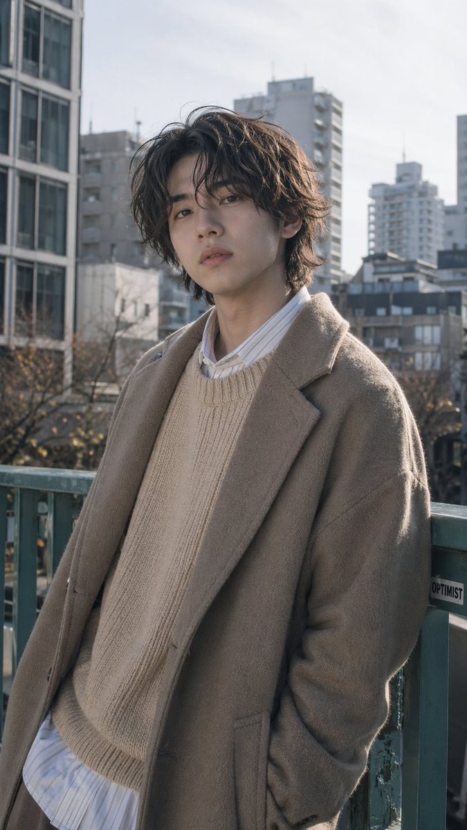 Urban Menswear Portrait on Overpass Qwen Image 프롬프트 예시: This prompt generates a photorealistic vertical fashion portrait of a stylish young man in layered neutral clothing...