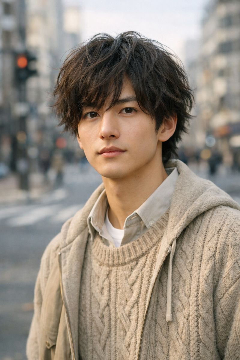 Urban Menswear Portrait on Overpass Qwen Image 프롬프트 예시 변형 2: This prompt generates a photorealistic vertical fashion portrait of a stylish young man in layered neutral clothing...