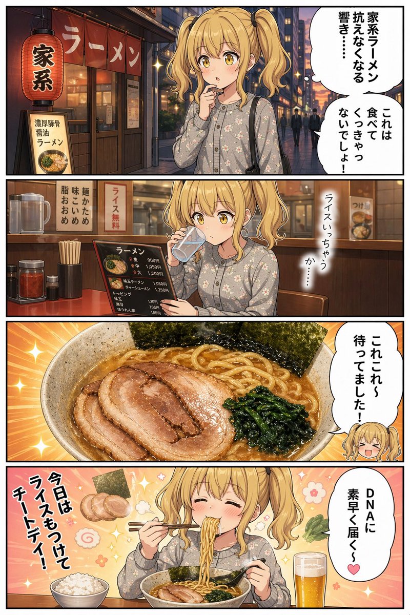 Anime Iekei Ramen Comic 的 Qwen Image 提示词示例图:A four-panel anime-style Japanese food comic showing a blonde girl craving, ordering, and blissfully eating rich Iekei ramen, ideal...