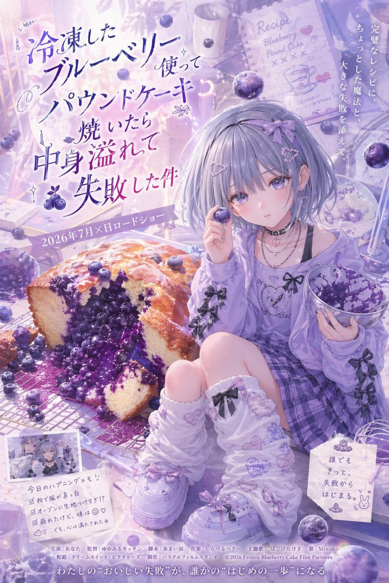 Pastel Blueberry Cake Anime Poster のQwen Imageプロンプト例: A stylized Japanese anime film poster featuring a lavender-themed girl, an exploded blueberry pound cake, and dramatic...