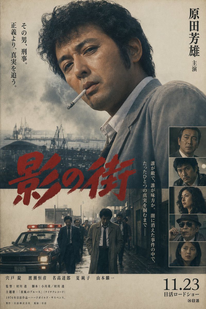 Vintage Japanese Crime Film Poster のQwen Imageプロンプト例: A gritty retro Japanese theatrical poster for a hard-boiled detective film, useful for generating faux 1970s movie key art...