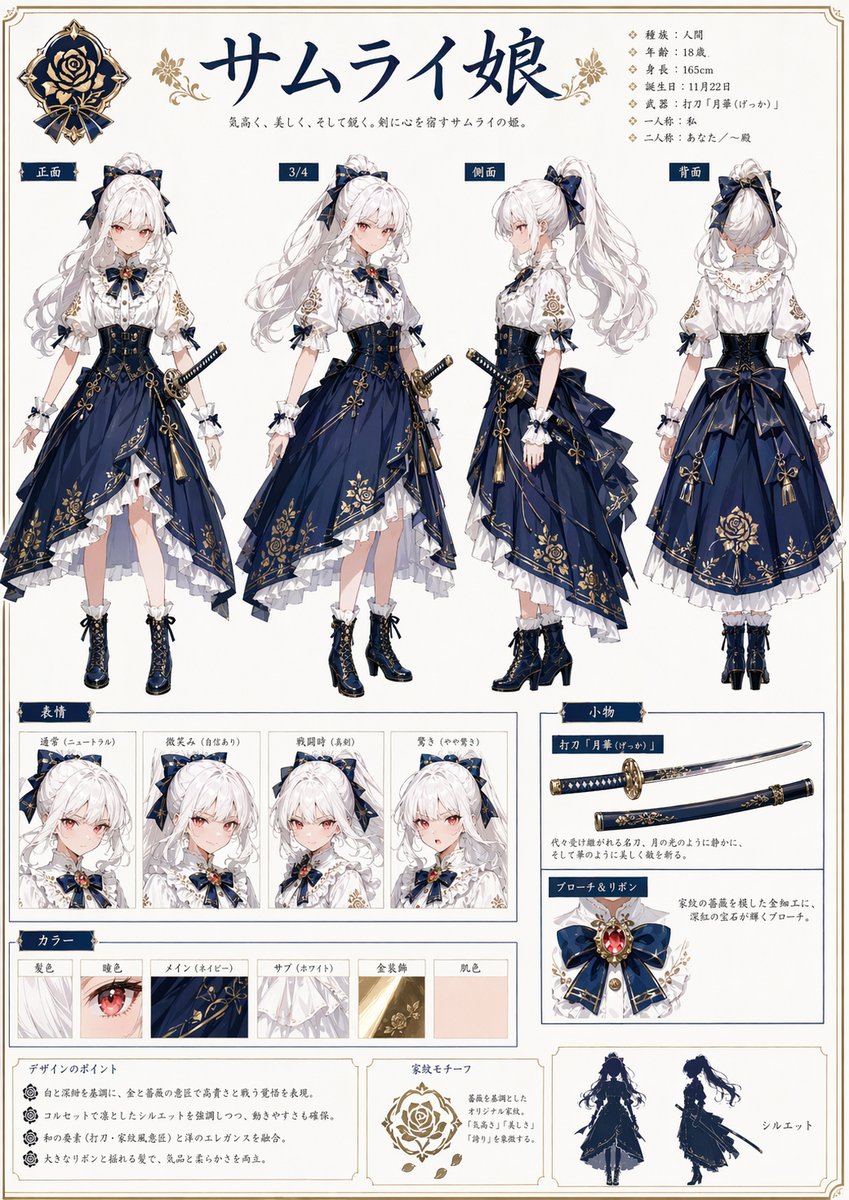 Samurai Princess Character Sheet Qwen Image prompt example: A polished anime reference-sheet prompt for generating a full character design dossier with turnarounds, expressions,...