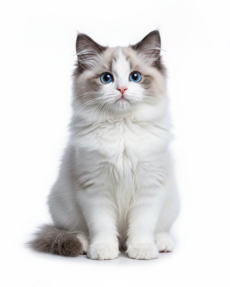Studio Portrait of a Blue-Eyed Ragdoll Kitten Qwen Image 프롬프트 예시: A clean, ultra-realistic pet portrait prompt for generating a centered full-body kitten image on a pure white...