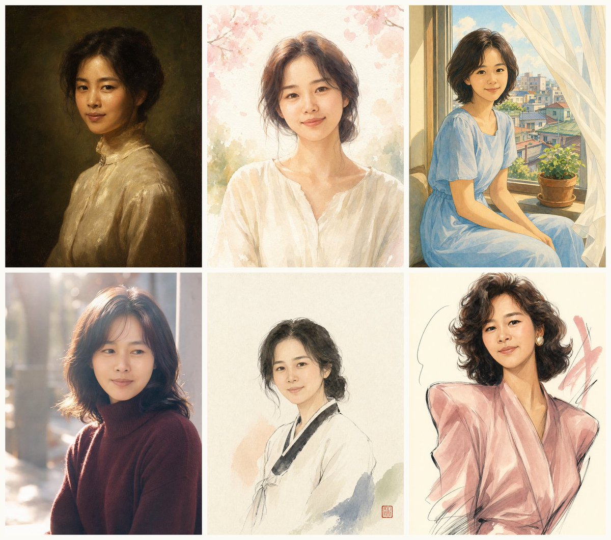 Six Styles of the Same Mother のQwen Imageプロンプト例: A 2x3 comparison sheet showing the same middle-aged Korean mother rendered in six different artistic and nostalgic portrait...