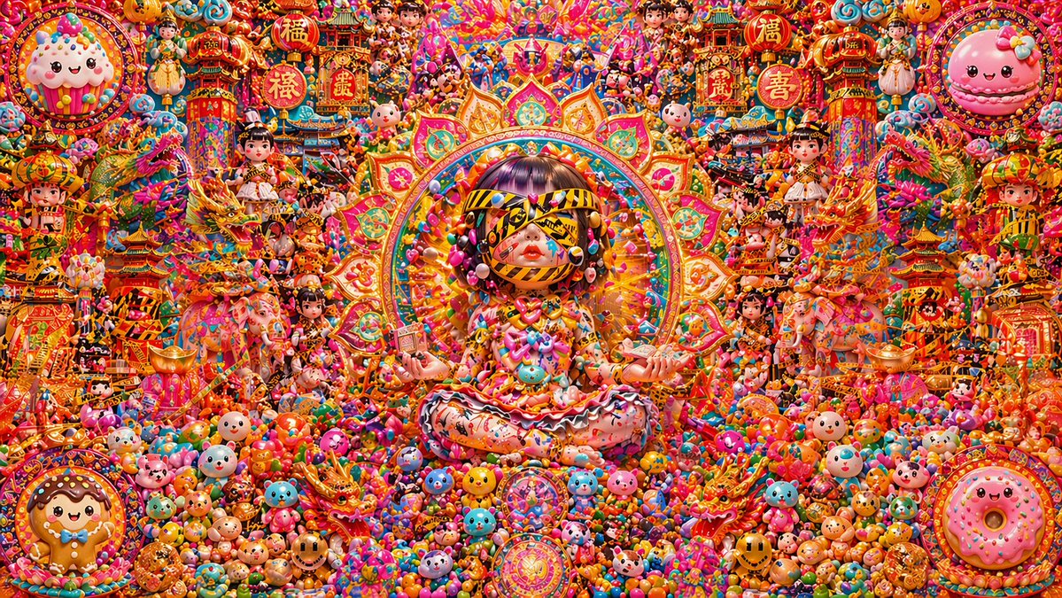 Candy Lunar New Year Shrine Qwen Image 프롬프트 예시: A hyper-detailed symmetrical candycore festival shrine illustration, ideal for generating maximalist celebratory fantasy art with...