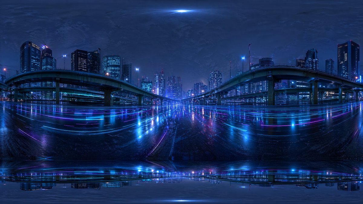 Cyberpunk City Highway HDRI Qwen Image 프롬프트 예시: A futuristic rainy-night city panorama designed as a 360-degree HDRI environment map for 3D rendering backgrounds and lighting.