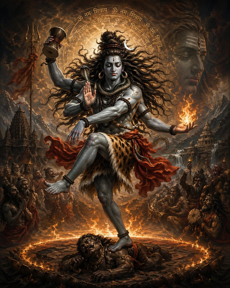 Epic Shiva Tandava Fire Dance Qwen Image prompt example: A dramatic devotional fantasy artwork of Shiva dancing in a fiery sacred arena, ideal for mythological poster art, album...