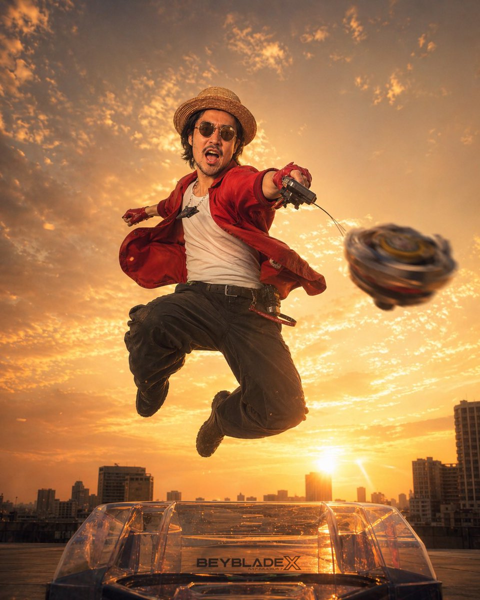 Cinematic Beyblade Rooftop Launch Qwen Image prompt example: This prompt generates a dramatic live-action style poster of a rooftop Beyblade launch at sunset, ideal for toy...