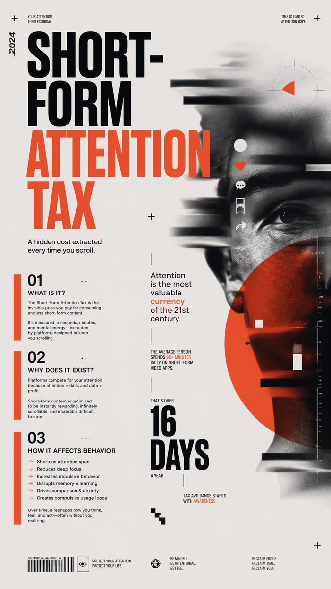 Short-Form Attention Tax Poster Qwen Image 프롬프트 예시: A high-contrast editorial infographic poster about the hidden cognitive cost of short-form media, suitable for awareness...