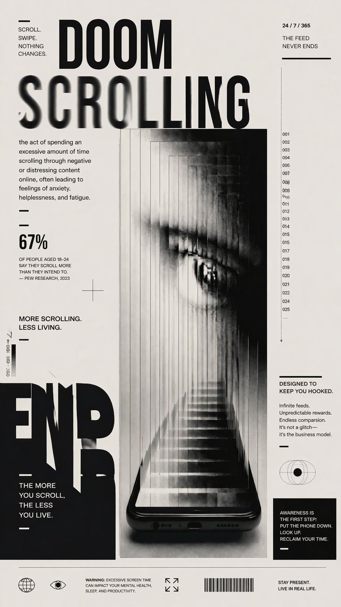Doomscrolling Editorial Poster GPT Image 2 prompt example: A monochrome brutalist poster about social media addiction, ideal for awareness campaigns, magazine-style graphics, or...