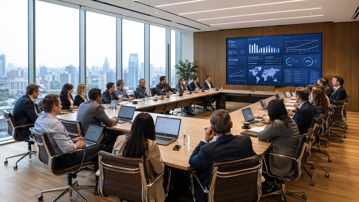 Modern Boardroom Analytics Meeting Qwen Image 프롬프트 예시: A photorealistic executive boardroom meeting scene with a large team reviewing a data dashboard, ideal for business,...