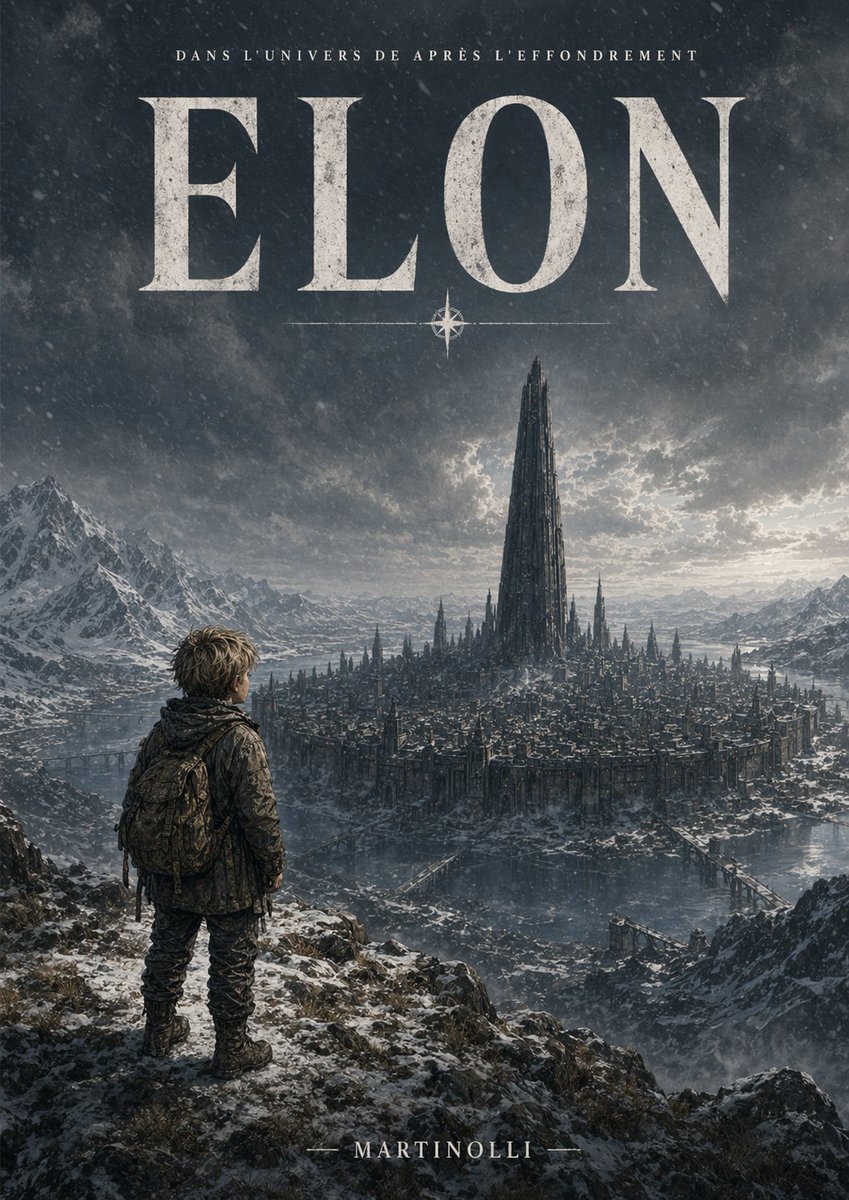 Epic French Dystopian Book Cover のQwen Imageプロンプト例: This prompt generates a dark cinematic French-language novel cover featuring a lone figure overlooking a frozen city crowned...