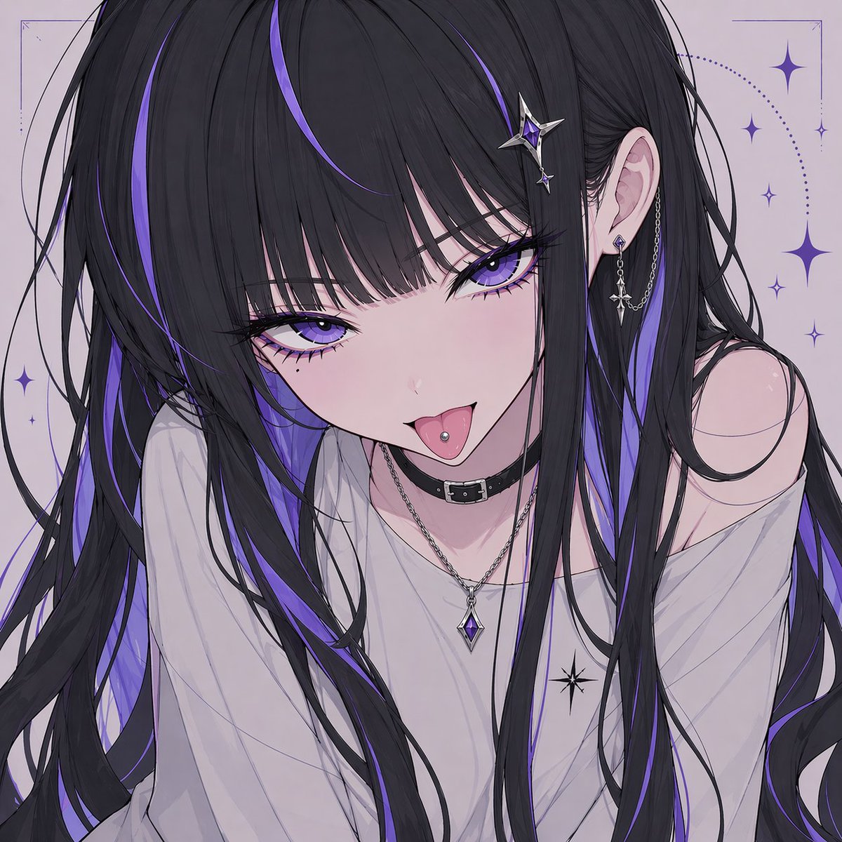 Censored Gothic Anime Girl Portrait のQwen Imageプロンプト例: A polished anime-style portrait prompt for creating a moody, fashionable girl with violet-accented black hair, jewelry, and...