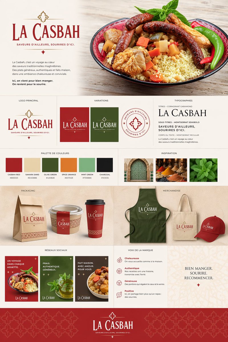 Moroccan Restaurant Brand Board のQwen Imageプロンプト例: This prompt turns a single food photo into a complete Moroccan restaurant visual identity presentation for branding, pitch...