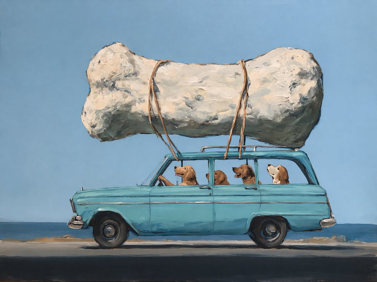 Dogs Carrying Giant Bone by the Sea のQwen Imageプロンプト例: This prompt generates a humorous painterly coastal scene of four dogs riding in a vintage car with an enormous bone...
