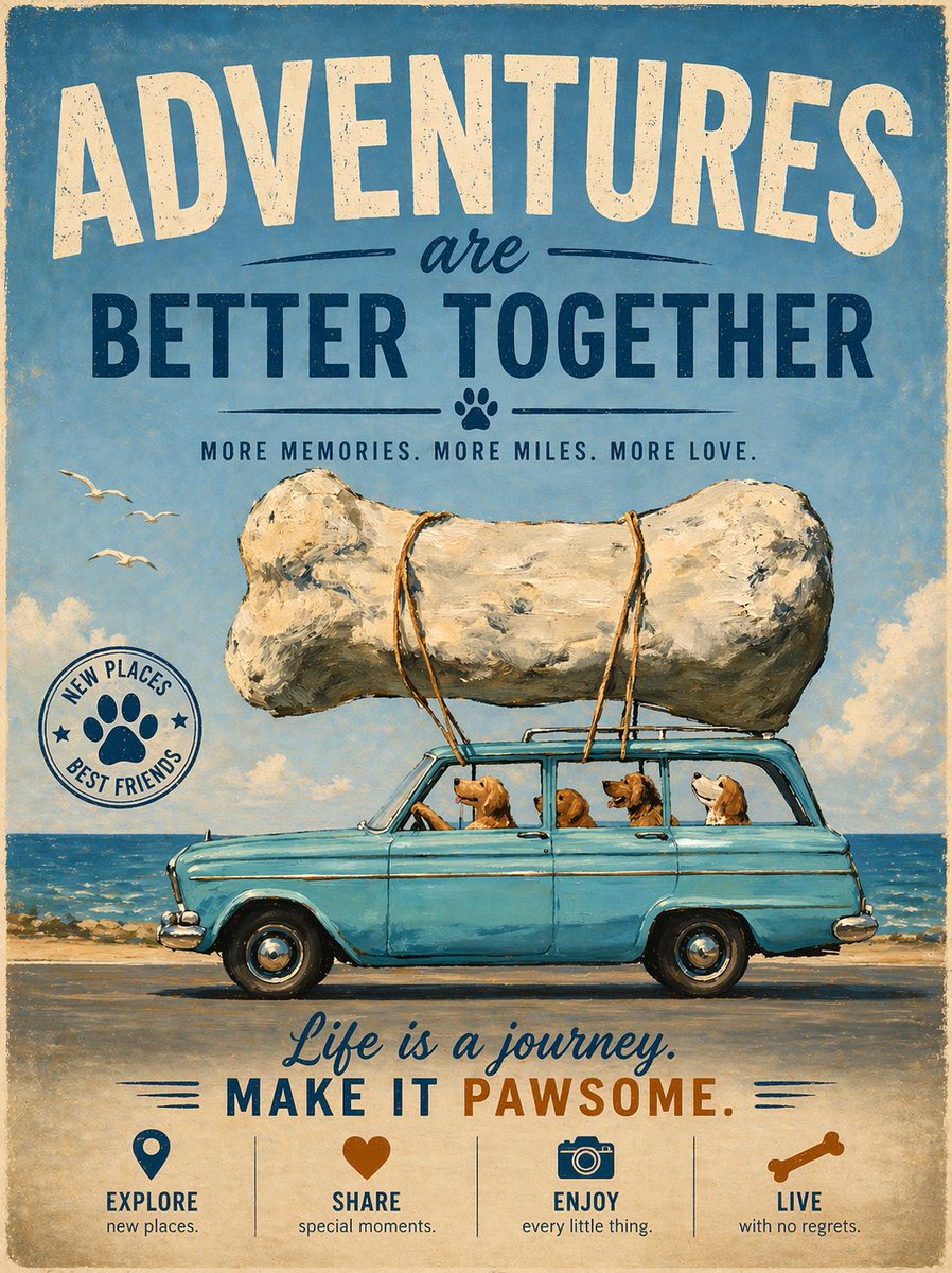 Dogs Carrying Giant Bone by the Sea のQwen Imageプロンプト例 バリエーション 2: This prompt generates a humorous painterly coastal scene of four dogs riding in a vintage car with an enormous...
