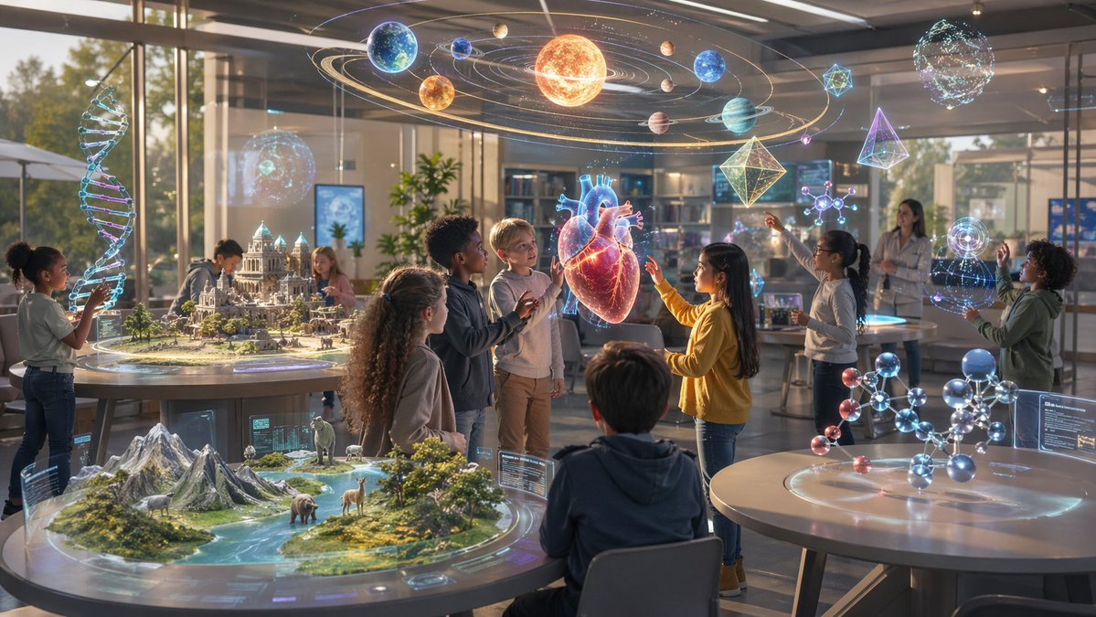 Futuristic STEM Classroom with Holograms のQwen Imageプロンプト例: This prompt generates a cinematic photorealistic classroom scene of children exploring immersive holographic science...