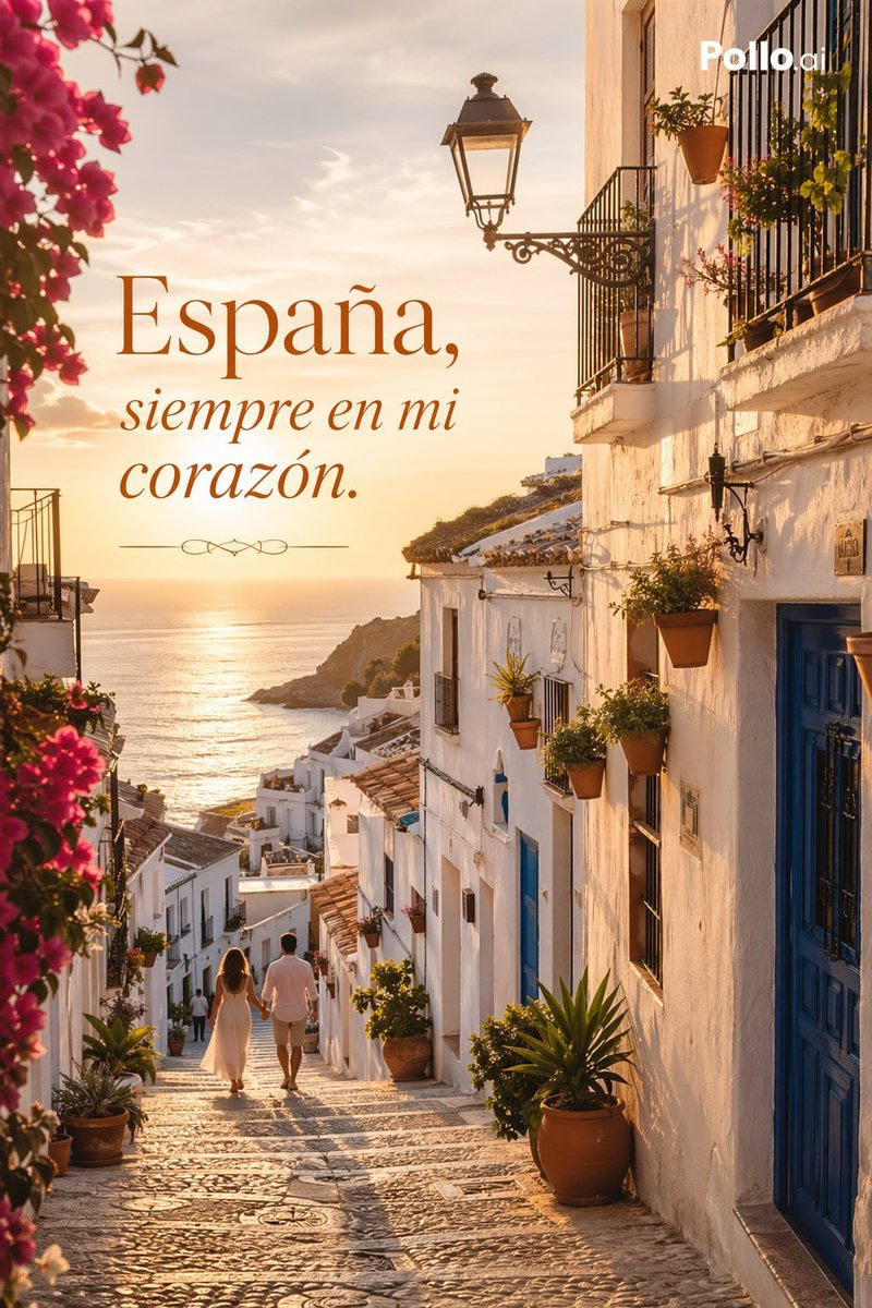 Luxury Spain Sunset Travel Poster のQwen Imageプロンプト例: This prompt generates a photorealistic vertical travel-campaign poster of a romantic Spanish seaside village at sunset, ideal...