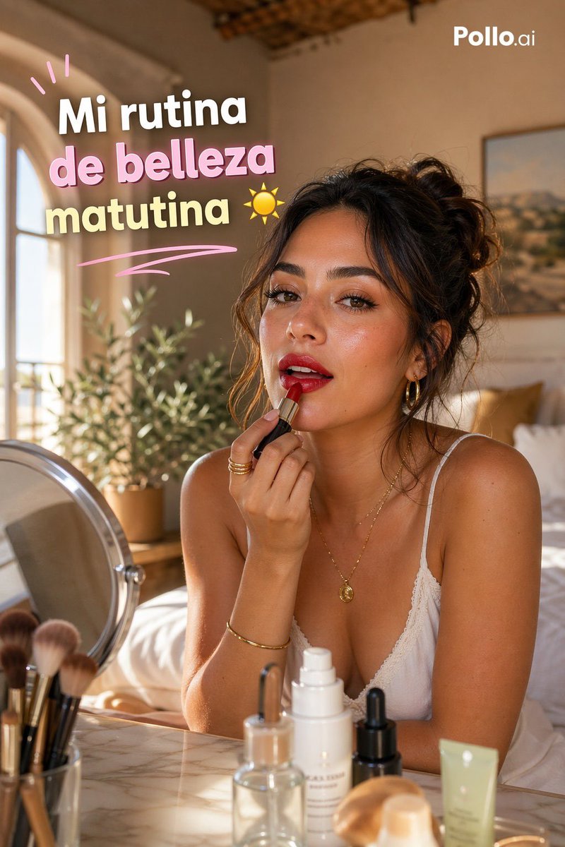 Spanish GRWM Morning Beauty Thumbnail のQwen Imageプロンプト例: A polished vertical social media thumbnail showing a woman doing her morning beauty routine in a warm luxury bedroom,...