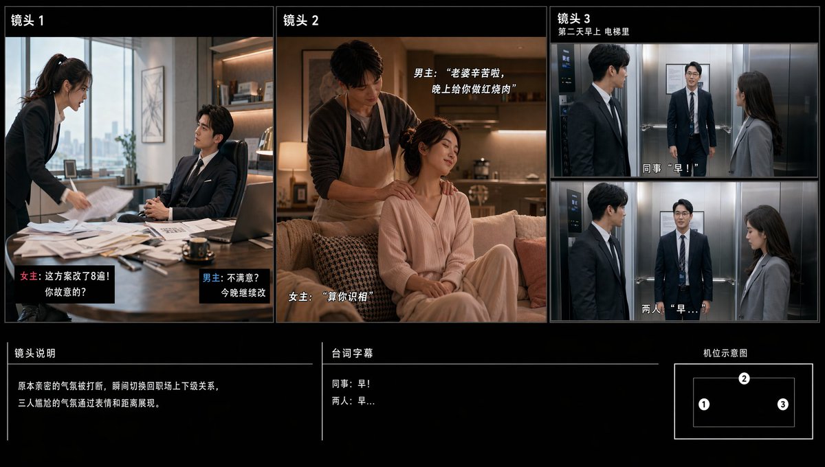 Chinese Drama Storyboard Sheet のQwen Imageプロンプト例: A polished three-shot Chinese storyboard presentation page for a short office-secret-marriage drama, useful for planning AI...