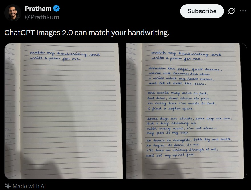 Tweet Screenshot With Handwriting Match 的 GPT Image 2 提示词示例图：A realistic social media screenshot showing a handwriting-matching notebook comparison, useful for generating viral...