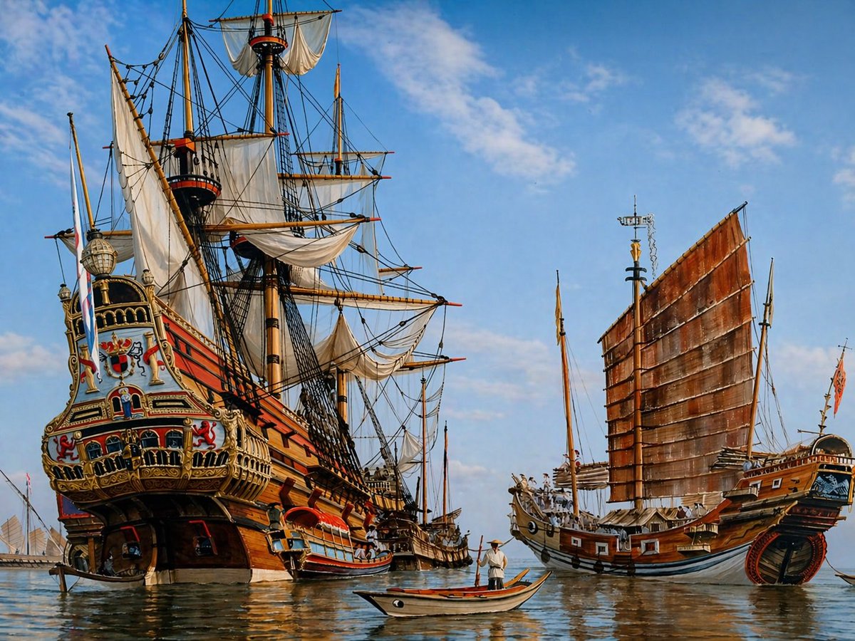 Historic Galleon and Chinese Junk GPT Image 2 prompt example: This prompt generates a detailed seascape of two different historic sailing ships with a small foreground boat,...