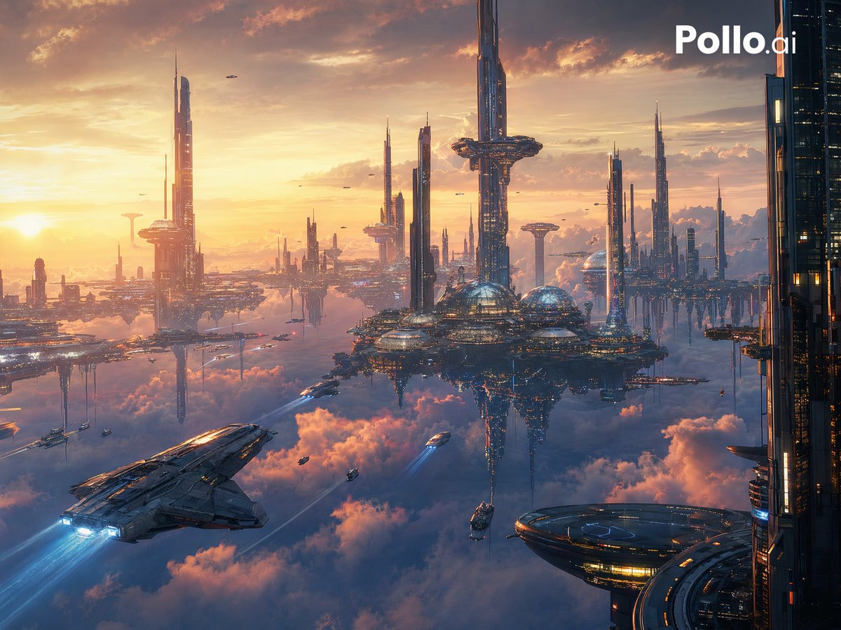 Floating Futuristic City at Sunset のQwen Imageプロンプト例: A cinematic sci-fi cityscape prompt for generating a vast floating metropolis above the clouds with sunset lighting,...