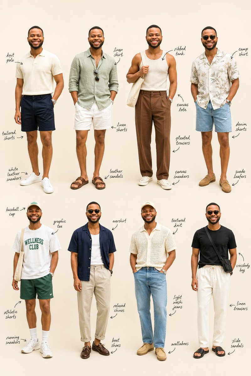 Summer Menswear Lookbook Grid のQwen Imageプロンプト例: This prompt turns a single reference portrait into an 8-look men's fashion styling board with full-body outfit variations and...