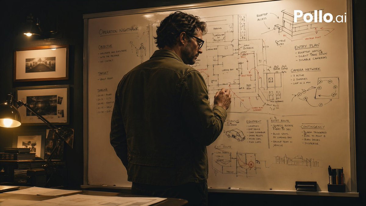 Cinematic Heist Mastermind at Whiteboard のQwen Imageプロンプト例: This prompt generates a moody crime-drama scene of a lone strategist mapping a robbery plan on a whiteboard, ideal for...