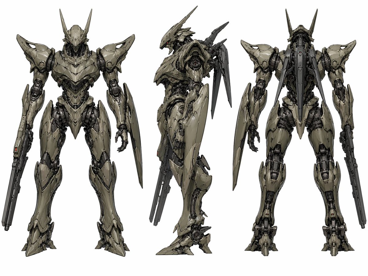 Sci-Fi Mecha Turnaround Sheet GPT Image 2 prompt example: A detailed three-view concept sheet of a humanoid combat robot, useful for mech design, game concept art, and industrial...