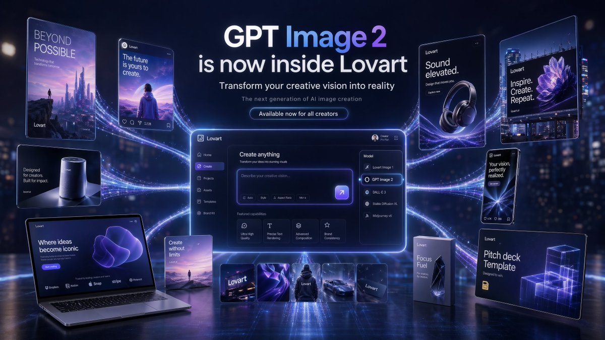 Futuristic GPT Image 2 Launch Banner のQwen Imageプロンプト例: A premium campaign-style hero image showing GPT Image 2 inside Lovart with a central UI dashboard, multiple connected...
