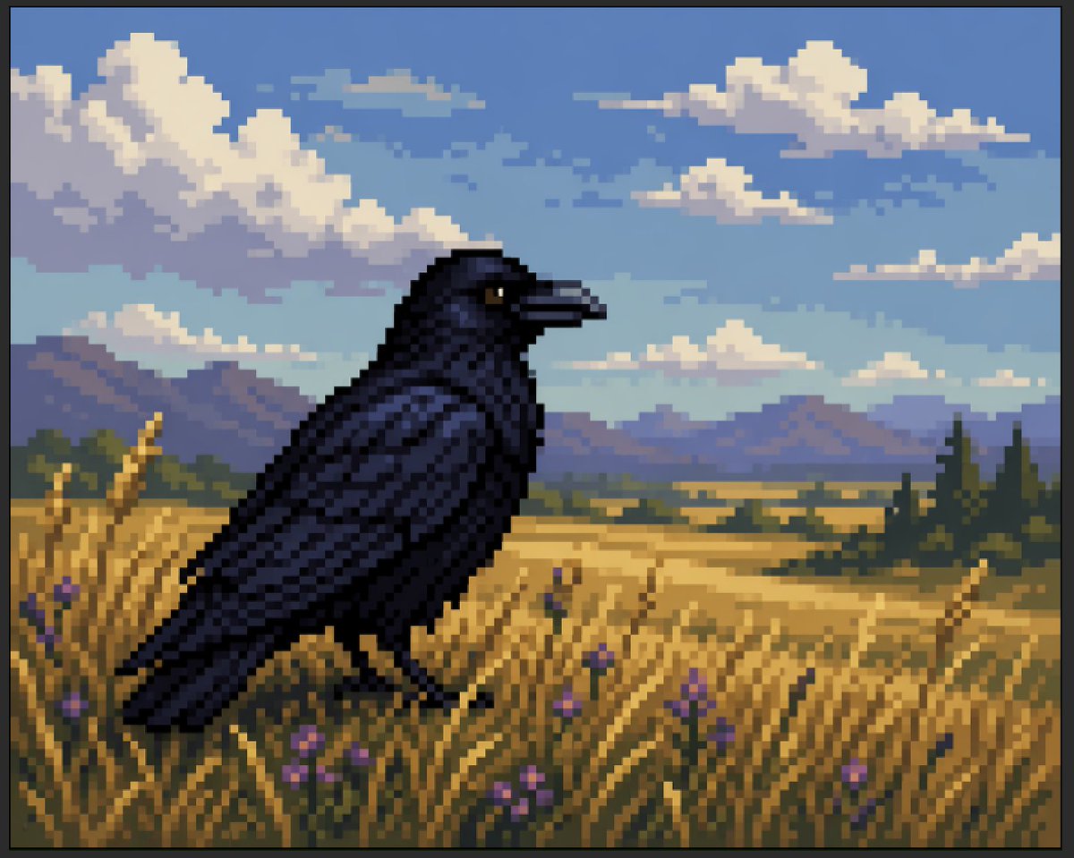 Faux Pixel Raven in Wheat Field Qwen Image prompt example: A retro-inspired faux pixel art scene showing a dark raven in a golden field under clouds, suitable for demonstrating...