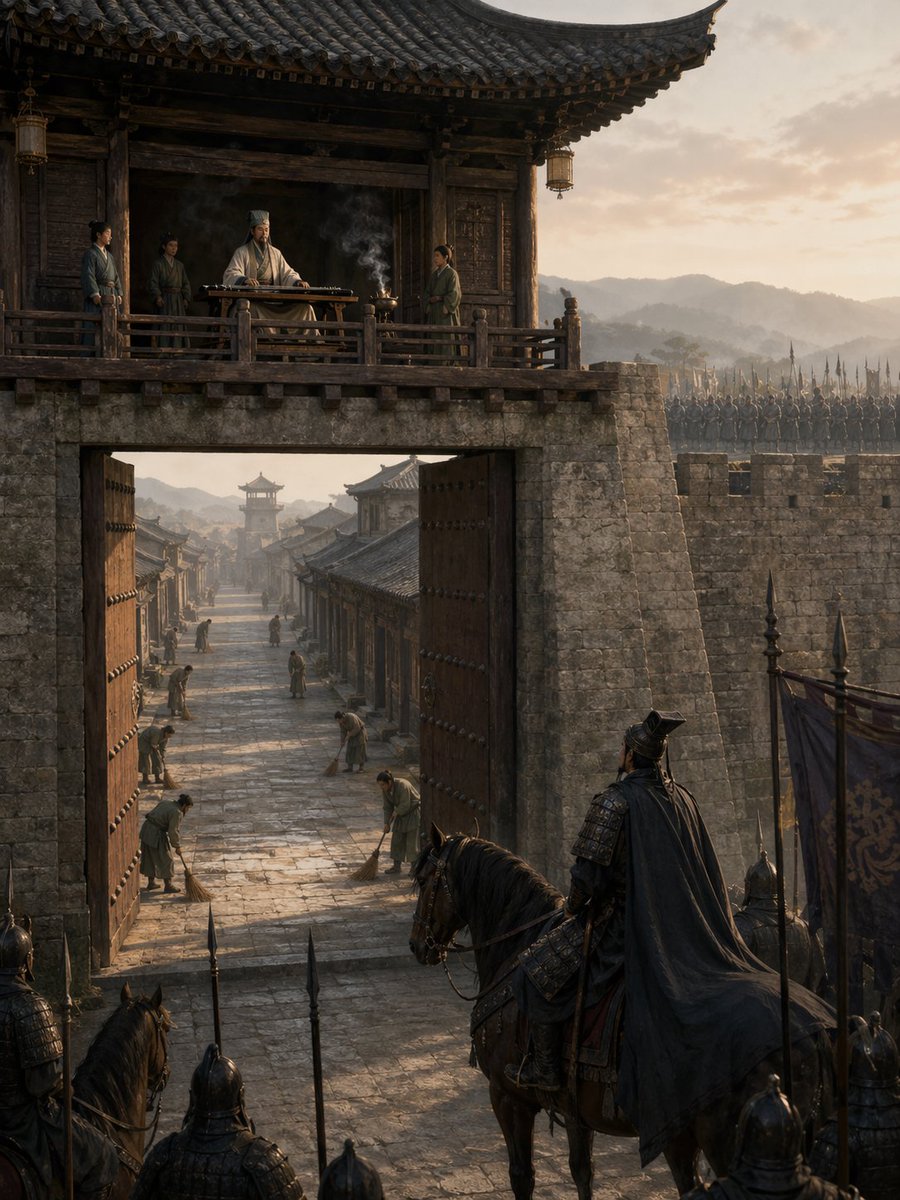 Empty Fort Strategy at the City Gate GPT Image 2 prompt example: A cinematic Three Kingdoms illustration of Zhuge Liang calmly playing music above an open gate while enemy...