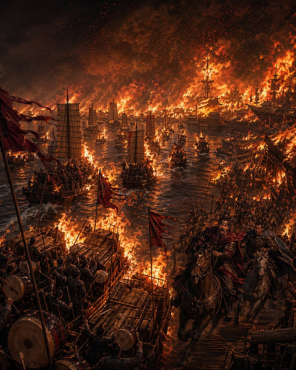 Burning Red Cliffs Night Battle Qwen Image 프롬프트 예시: This prompt generates a dramatic vertical cinematic illustration of the Three Kingdoms Battle of Red Cliffs, ideal for epic...