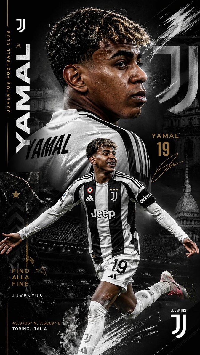 Juventus Yamal Transfer Poster のQwen Imageプロンプト例: A dramatic vertical sports poster showing a young footballer in a Juventus kit, designed for transfer announcements, fan edits,...