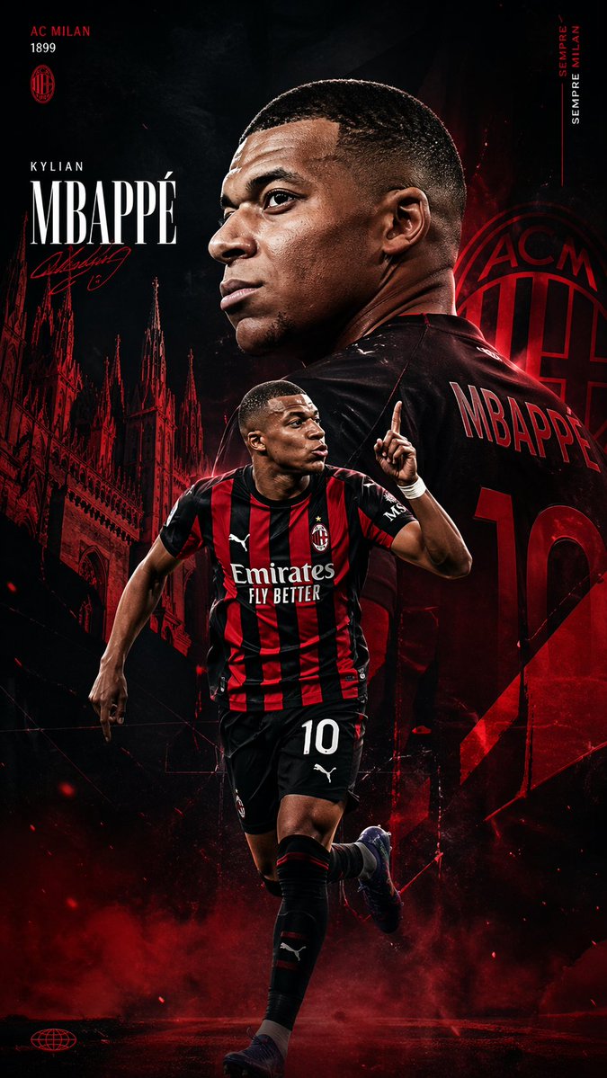 AC Milan Mbappé Transfer Poster 的 Qwen Image 提示词示例图：A high-impact vertical football promo poster showing a star player in AC Milan colors, ideal for transfer announcements, fan...