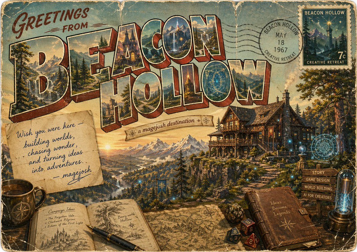 Vintage Fantasy Postcard of Beacon Hollow Qwen Image 프롬프트 예시: This prompt generates a weathered retro travel-postcard illustration for a fantasy destination, ideal for creative...