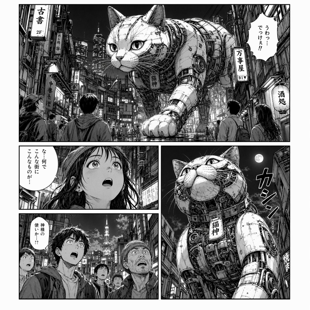 Cyberpunk Manga Page of a Giant Robot Cat のQwen Imageプロンプト例: This prompt generates a detailed monochrome manga comic page of a massive mechanical cat in a Japanese city, ideal...