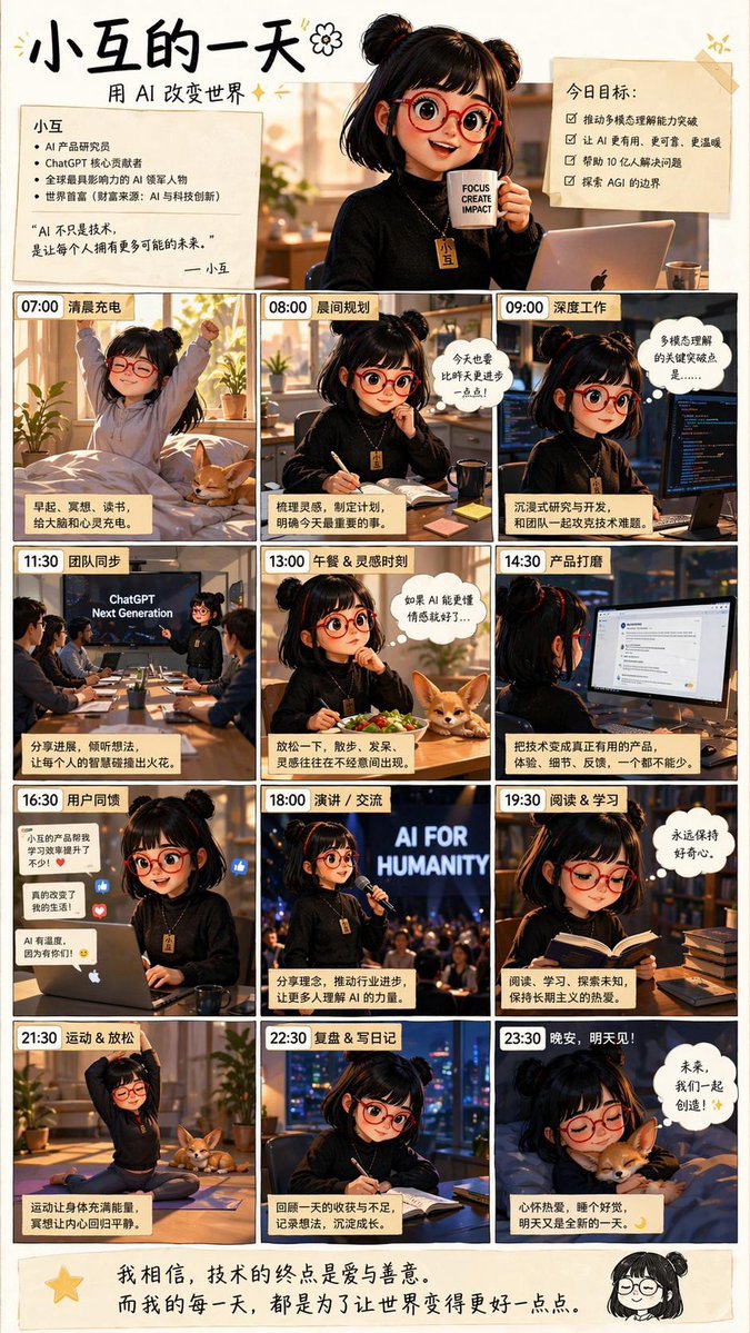 AI Girl Daily Routine Poster のQwen Imageプロンプト例: This prompt generates a Chinese anime-style infographic poster showing a young AI creator’s full day in 12 time-stamped scenes,...