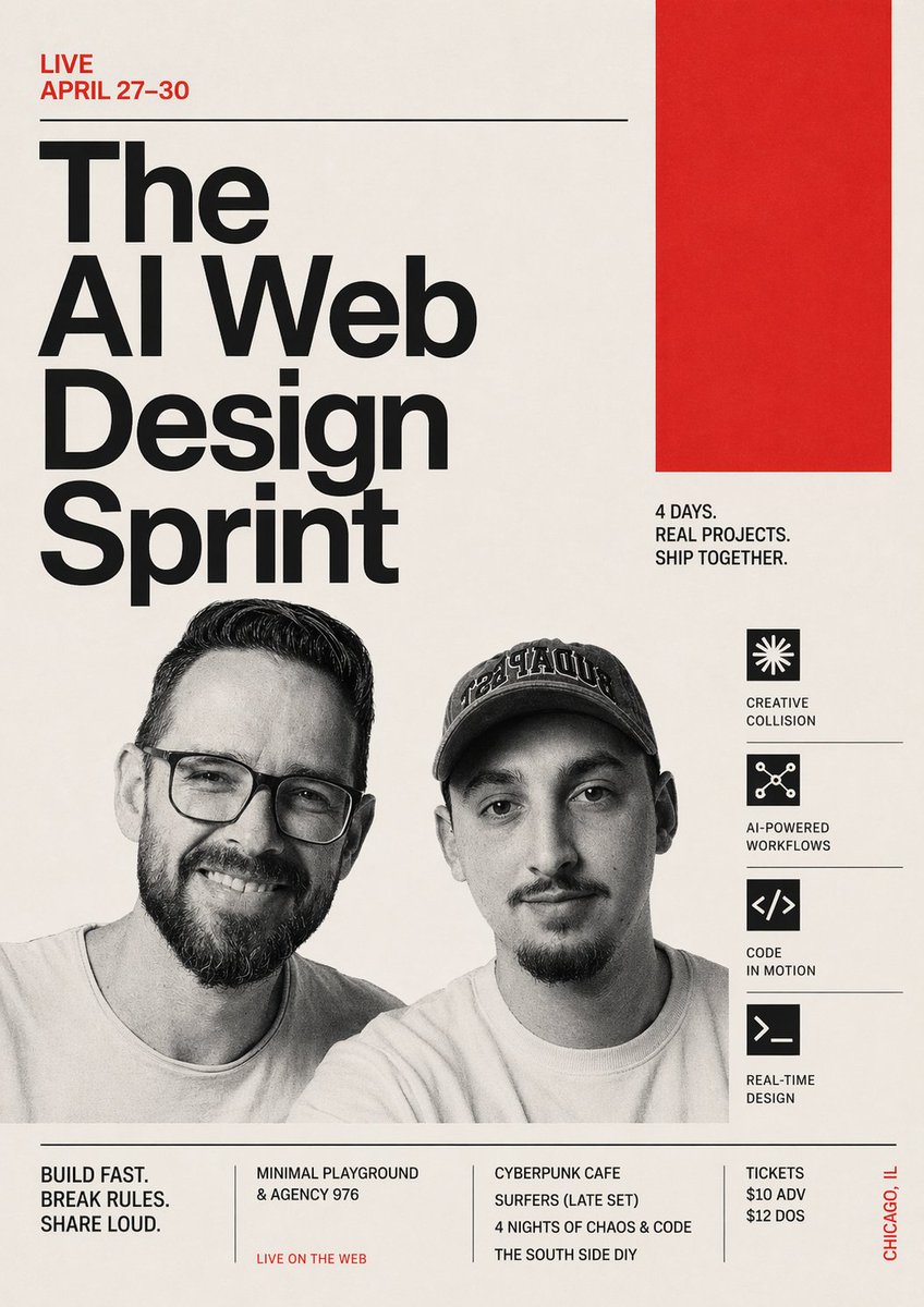 Swiss Poster for AI Web Design Sprint のQwen Imageプロンプト例: A bold editorial event poster for a live AI and web design sprint, ideal for conference promotion, creative tech events,...