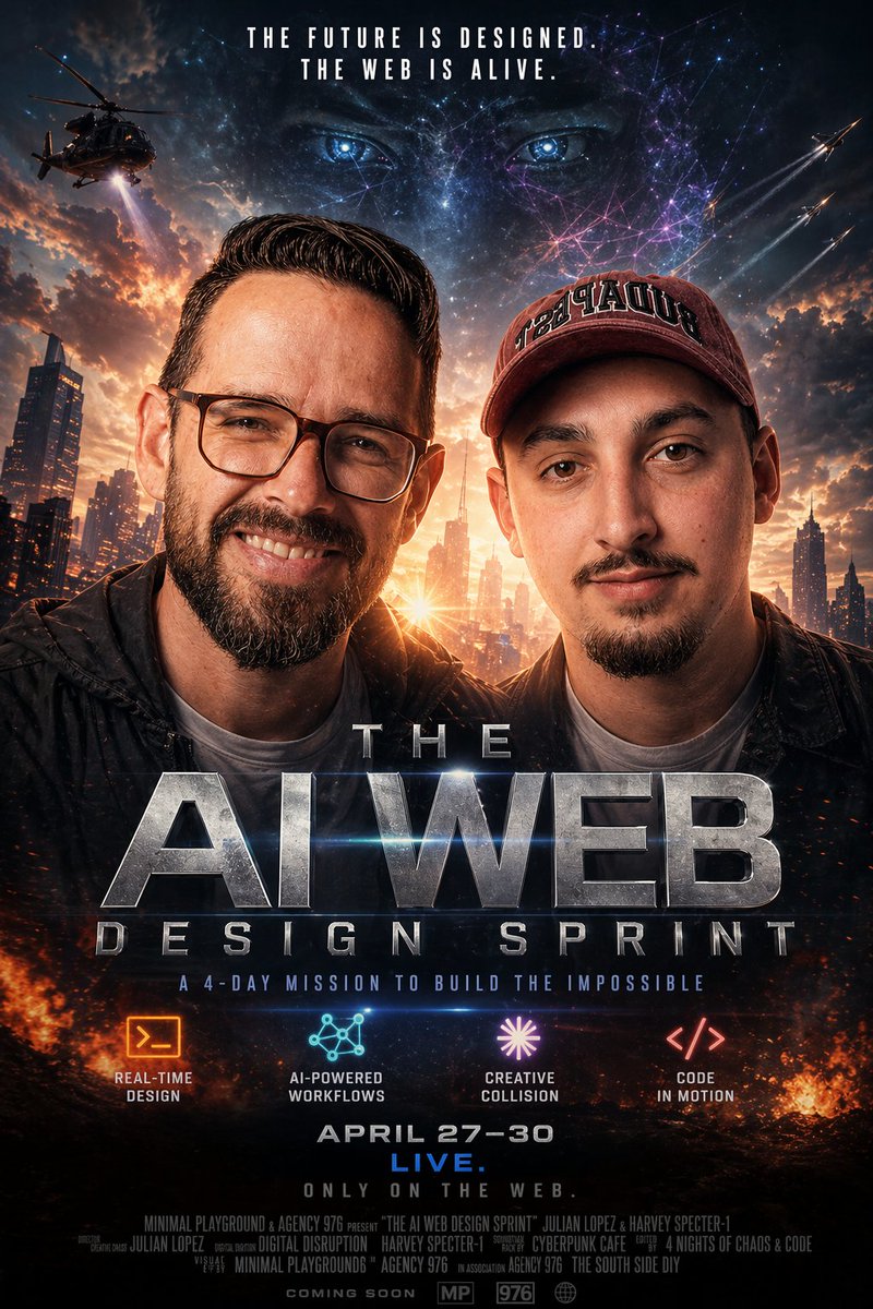 Cinematic AI Web Sprint Poster のQwen Imageプロンプト例: This generates a dramatic sci-fi promotional poster for an AI-focused web design event, ideal for social launches, conference...