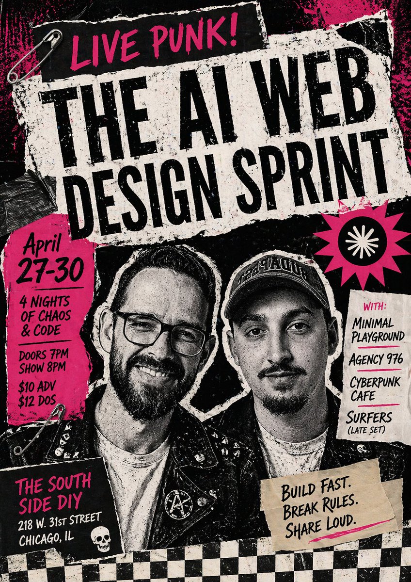 Punk AI Sprint Flyer GPT Image 2 prompt example: A gritty punk-collage event poster prompt for creating rebellious promotional artwork for tech sprints, hack nights, or...